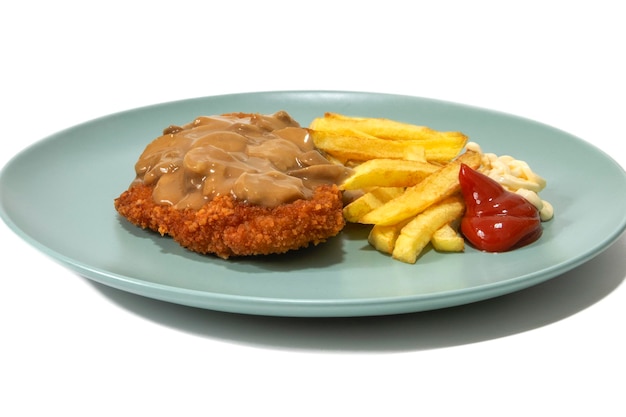 Jagerschnitzel con patatine fritte ketchup e maionese servito su un piatto turchese