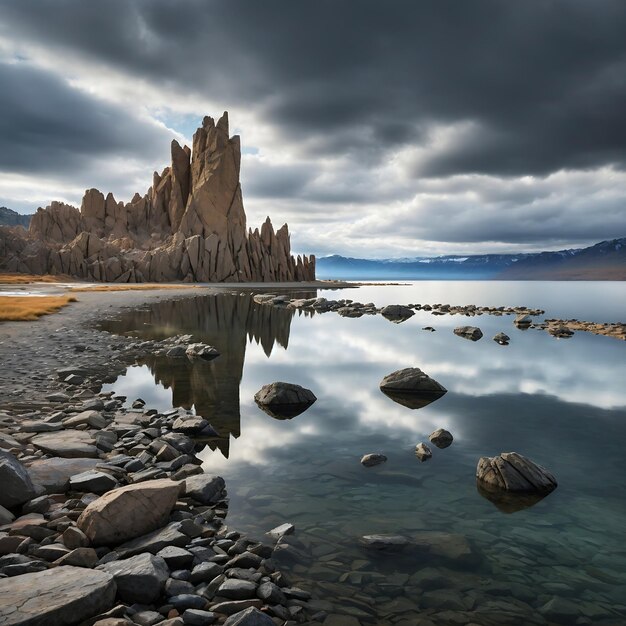 A jagged rock formation jutting out of the shoreline of a still lake with a cloudy sky Ai Generated