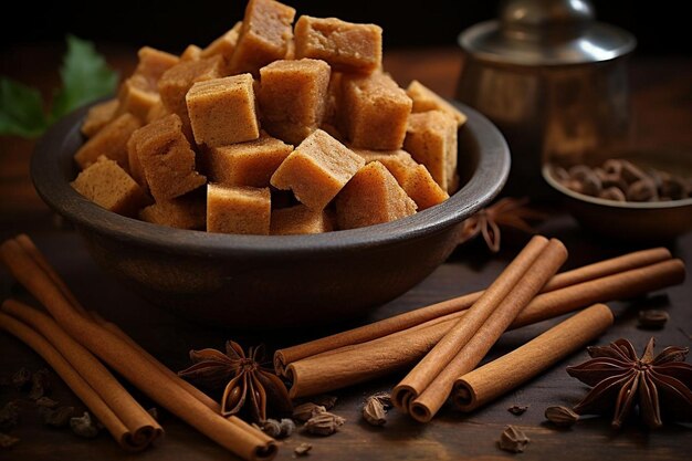 Photo jaggery chunks with cinnamon sticks yummy delicious jaggery food image photography
