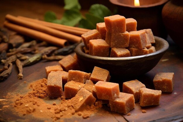 Photo jaggery pieces with a touch of spice yummy delicious jaggery food image photography