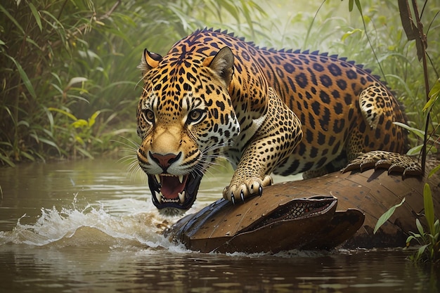 Jaguar attacking cayman crocodile animals in wild nature prey hunting