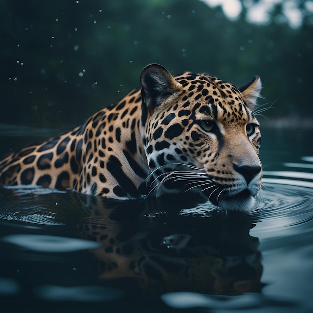 Jaguar crossing the river in the Amazon