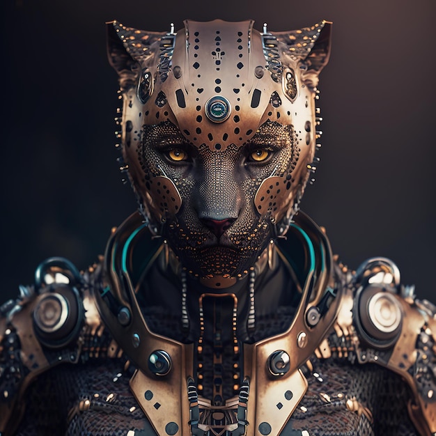 jaguar in cyberpunk futuristic robotic metal ancient rustic armour outfits