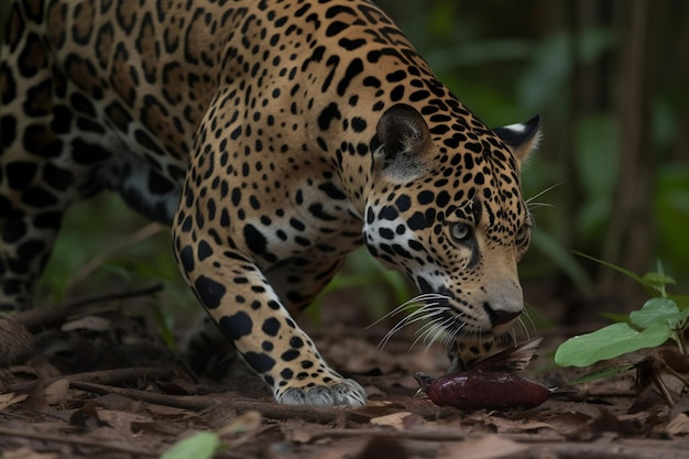 A jaguar eats a piece of meat in the amazon rainforest.