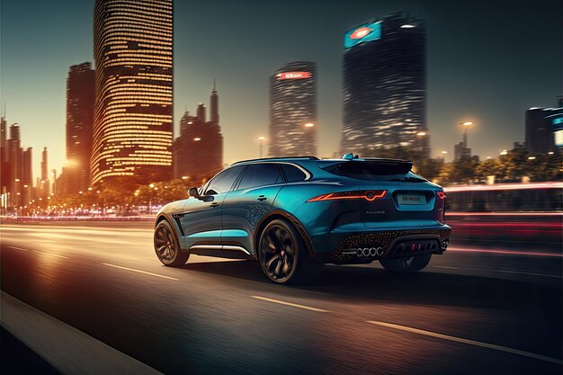 Jaguar fpace on the highway passes by hypercar rushes through city