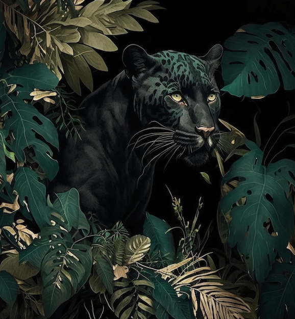 A jaguar is in the jungle with leaves and flowers.