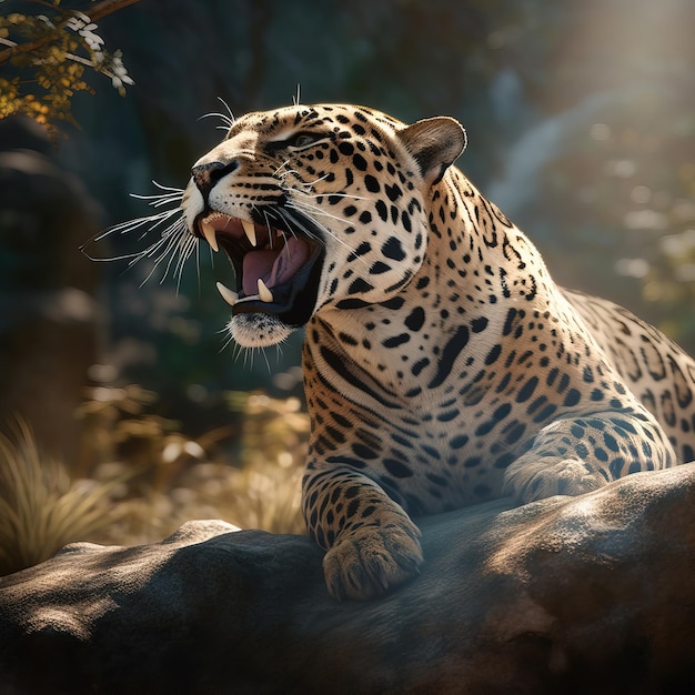 A jaguar is on a rock and has its mouth open.