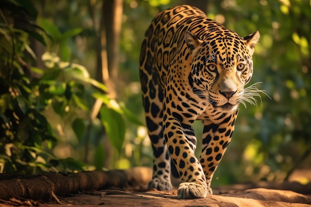 A jaguar is walking on a rock in the jungle.