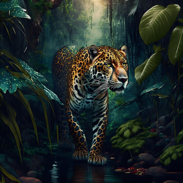 A jaguar is walking through a jungle with a jungle background.