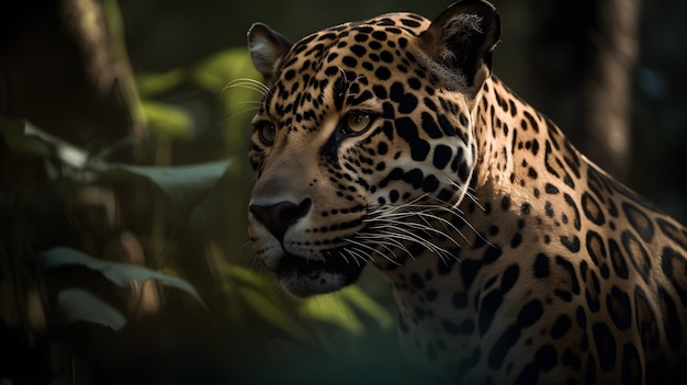 A jaguar in the jungle with a green background