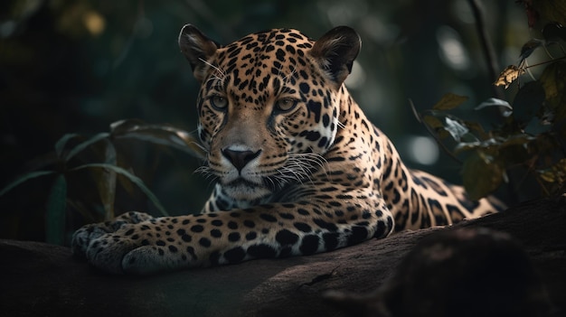 a jaguar lounging in a tree in the forest