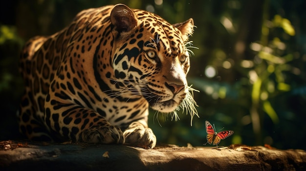 Jaguar met vlinder zijn neus piekpx wallpaper afbeelding Ai gegenereerde kunst