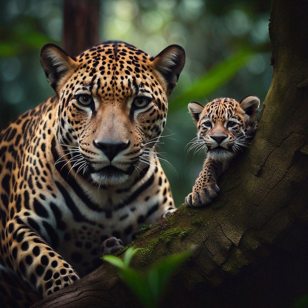 Jaguar met zijn welp in het bos.