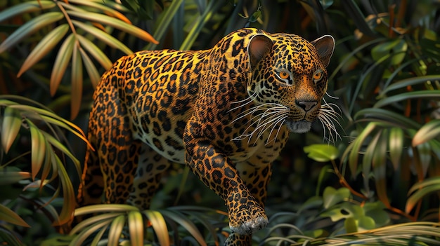 A jaguar prowls through the dense vegetation of the rainforest its sleek muscular body is perfectly adapted for navigating the thick undergrowth