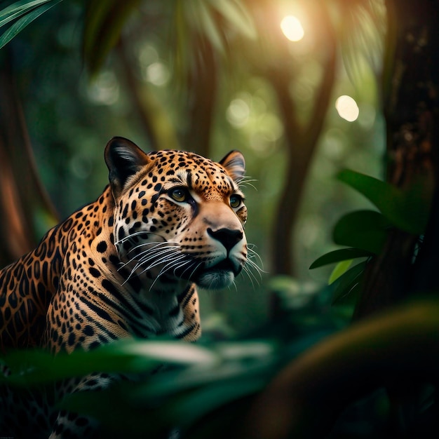 Jaguar in the rainforest and sunset