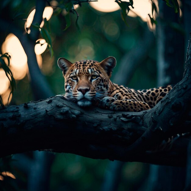 Ягуар отдыхает на большой ветви в лесу.