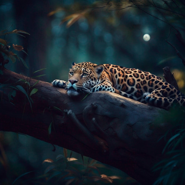 Jaguar resting on a large branch in the forest