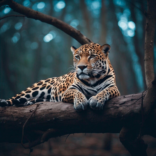 Jaguar rust op een grote tak in het bos.