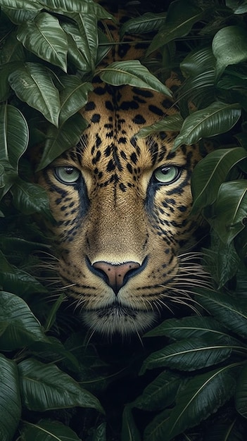 A jaguar's face is surrounded by leaves