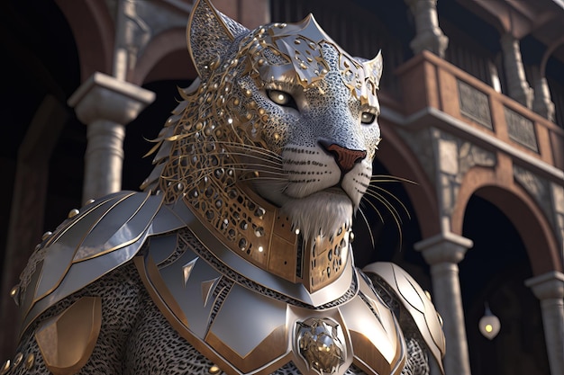 A jaguar in silver knight's armor with gold inlays and diamonds stands in front of the castle ai generation