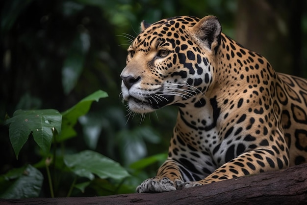 A jaguar sits on a branch in the jungle.