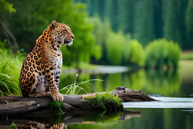 A jaguar sits on a log by a lake