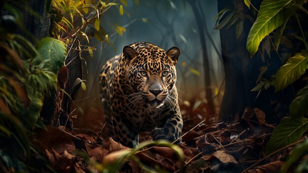 Photo jaguar sneaks among the green leaves of the jungle