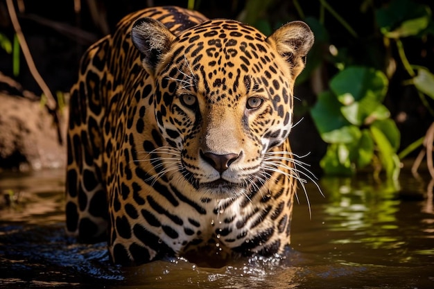 Foto un giaguaro che cammina attraverso uno specchio d'acqua