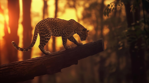 Jaguar walking on a wooden trunk in the forest