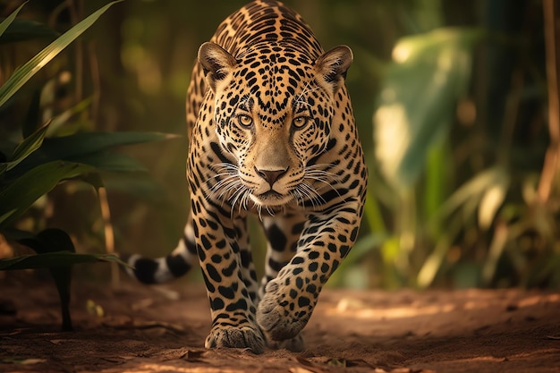 A jaguar walks through the jungle in brazil.