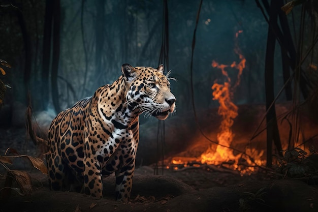 A jaguar in the wild with a fire in the background