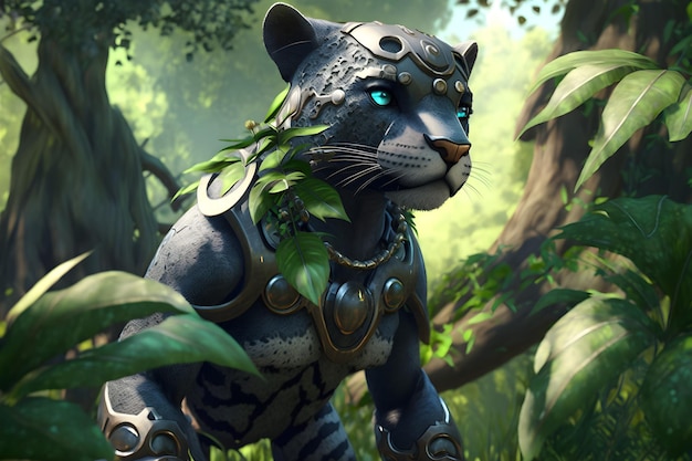 A jaguar with blue eyes stands in a jungle.