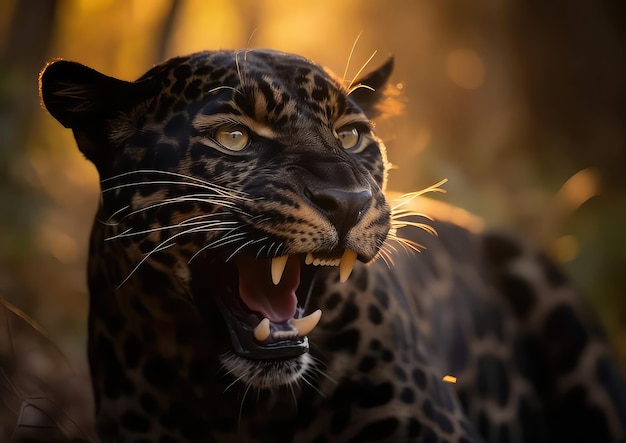 A jaguar with blue eyes and a yellow background