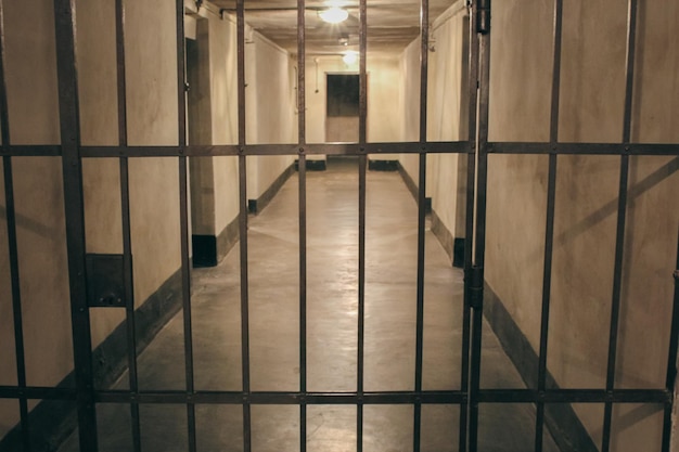 Jail corridor in concentration camp Auschwitz Oswiecim Grate in death camp basement