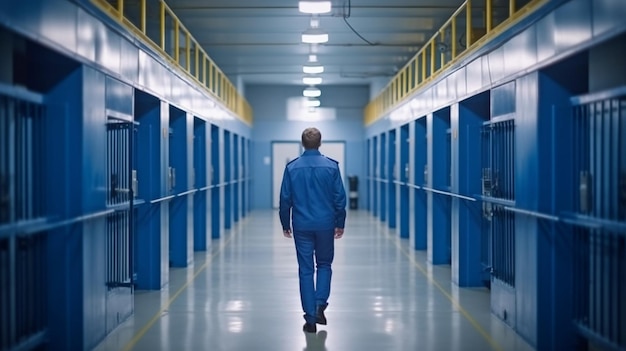 Jailer enters the safe area while moving through the jail corridor Prison guard in blue shirt handcuffs and baton avoiding the jail's hallway GENERATE AI