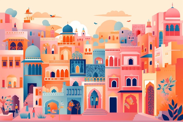 Jaipur's Royal Essence Geschiedenispaleizen en kleurrijke bazaars in abstractie vastgelegd
