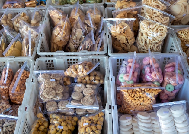 Jajan Pasar Indonesian traditional snacks on street food market in Yogyakarta Indonesia