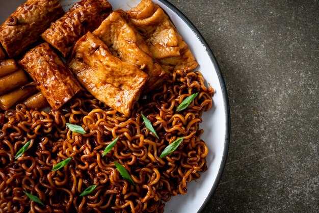 Jajangmyeon or JJajangmyeon with Odeng and Omuk Korean Instant noodles with Korean fish cake in black bean sauce