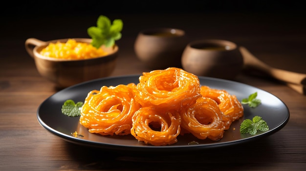 Jalebi 디저트는 나무 테이블에 있는 흰색 접시에 제공됩니다.