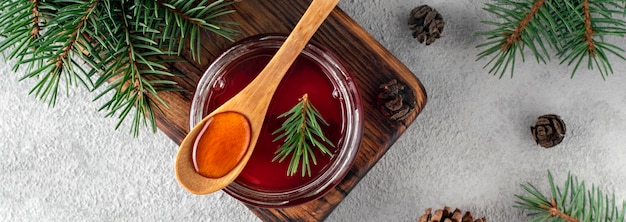 Jam syrup young pine cones, top view. Banner