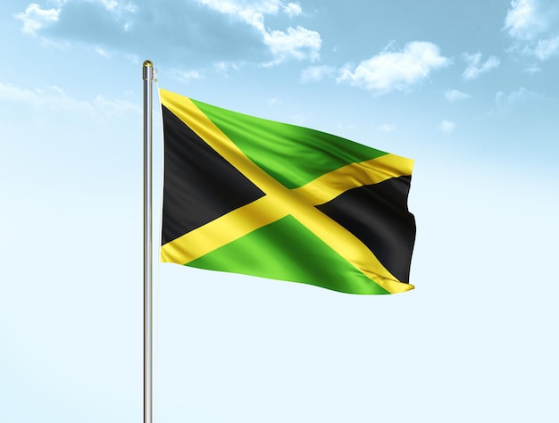 Jamaica national flag waving in blue sky with clouds Jamaica flag 3D illustration