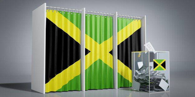 Jamaica voting booths with country flag and ballot box 3d illustration