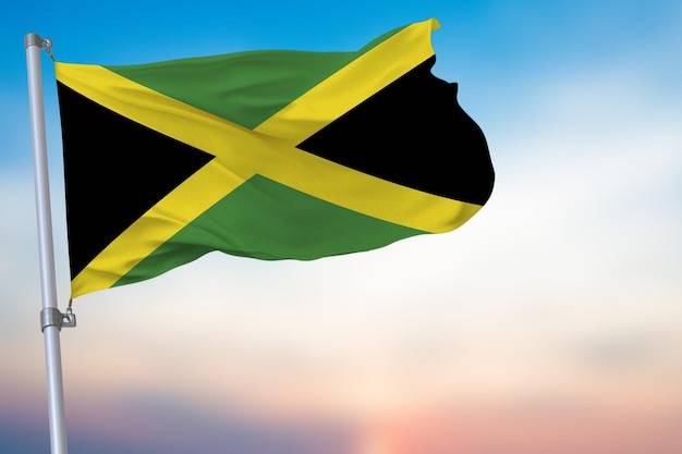 Jamaica Waving Flag on blue sky with National Symbol official emblem