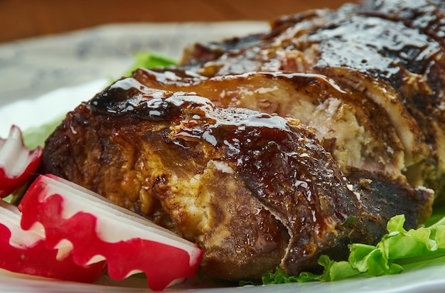 Jamaican Jerk Spare Ribs , Caribbean Barbecue , mouthwatering sweet and spicy paste made namely of three main jerk ingredients like chile peppers, allspice, and thyme