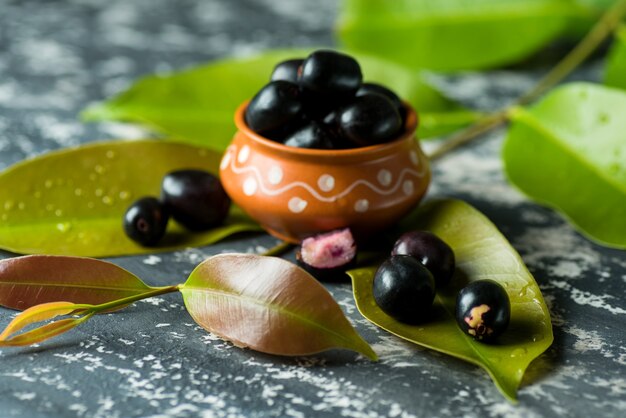 Jambolan plum or jambul or Jamun fruit, Java plum with leaf on stone textured