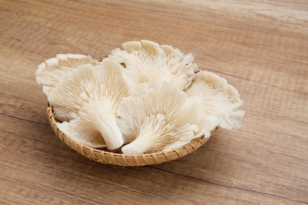 Jamur Tiram Pleurotus ostreatus geserveerd op bamboe bord