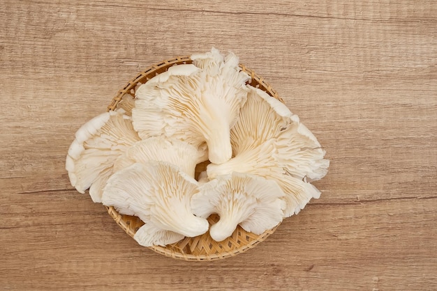 Jamur Tiram Pleurotus ostreatus подается на бамбуковой тарелке