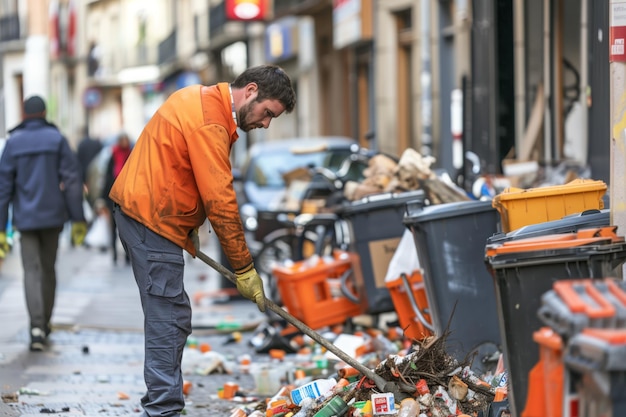 Photo janitor cleaning up trash on a street