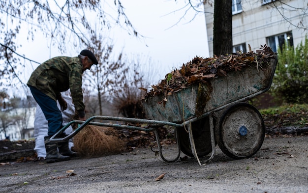 Janitor sweeping a broom yard