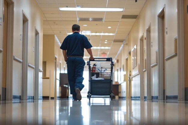 Foto un custode in uniforme che spinge un carrello di pulizia lungo il corridoio di un edificio moderno